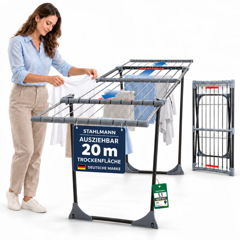 STAHLMANN® Magic Teleskop Wäscheständer ausziehbar – 20m Trockenfläche – platzsparend kompakt – Indoor Outdoor Balkon