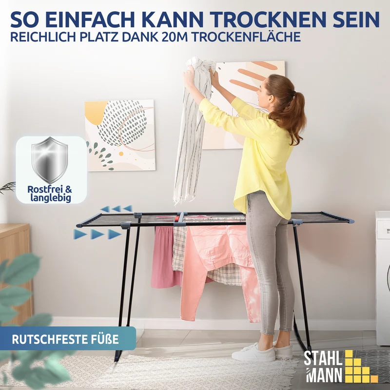 STAHLMANN® Magic Teleskop Wäscheständer ausziehbar – 20m Trockenfläche – platzsparend kompakt – Indoor Outdoor Balkon