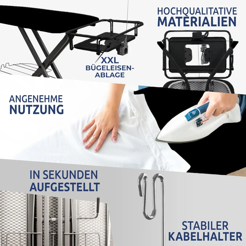STAHLMANN® XXL Bügelbrett 130x48 cm – Für Dampfbügelstation – inkl. Ärmelbrett – 100 % Baumwollbezug – extra stabil – Made in EU
