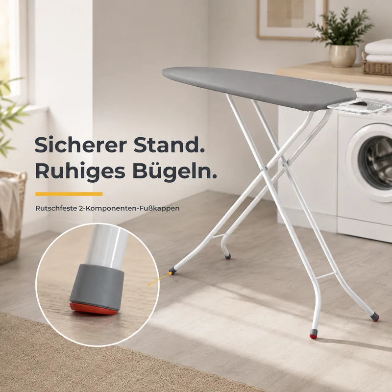 STAHLMANN® Light Bügelbrett 114 × 34 cm – höhenverstellbar & klappbar | mit Ablage für klassische Bügeleisen und rutschfesten Standfüßen