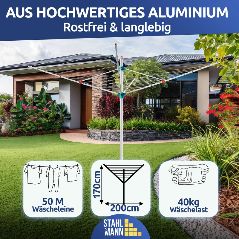 Wäschespinne 50m Made in Germany – 40kg Traglast, wetterfest & ergonomisch