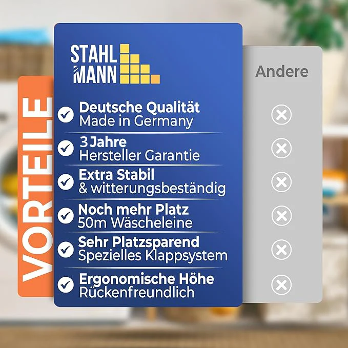 Wäschespinne 50m Made in Germany – 40kg Traglast, wetterfest & ergonomisch
