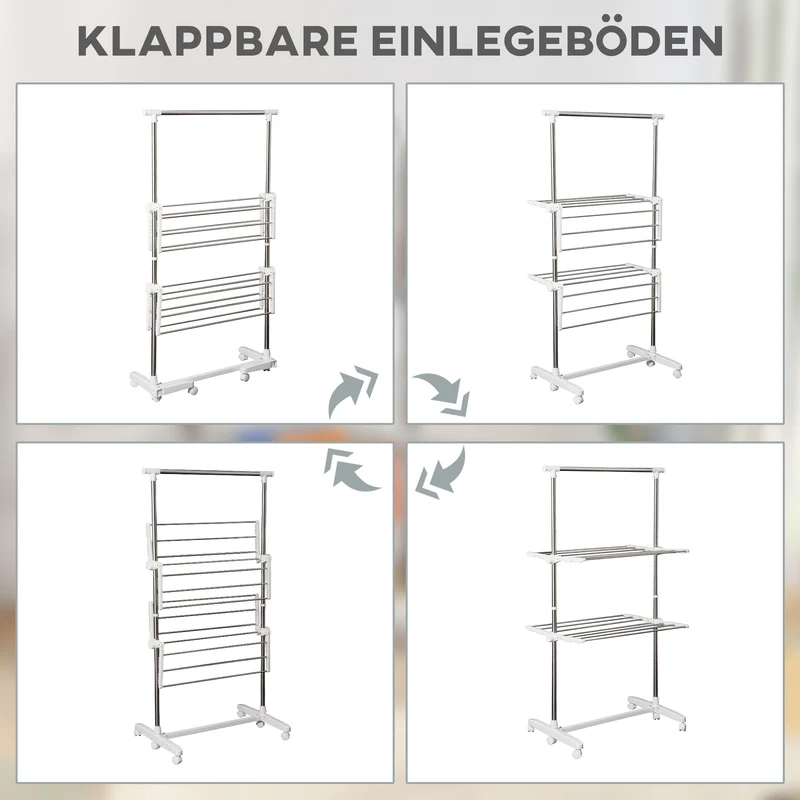 HOMCOM – Platzsparender Wäschetrockner-Turm mit 2 klappbaren Ebenen, höhenverstellbar, auf 6 Rollen