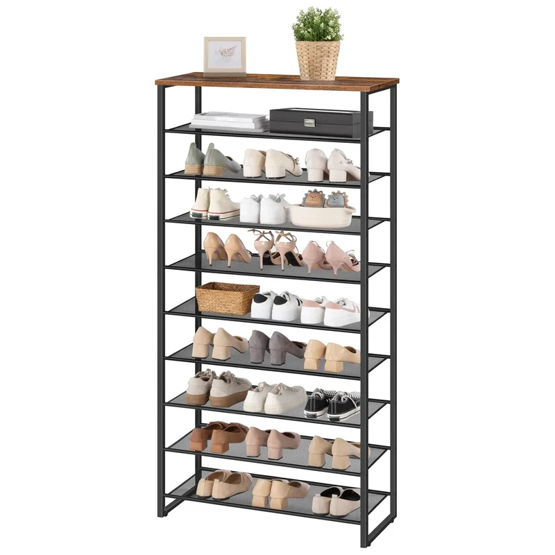 HOOBRO - Schuhregal, 10 Ebenen, Schuhregal metall, 9 Netzablage für 32-40 Paar, Schuhregal Schmal Hoch, 75x28,5x159 cm, Schuhschrank Hoch, Braun-Schwarz