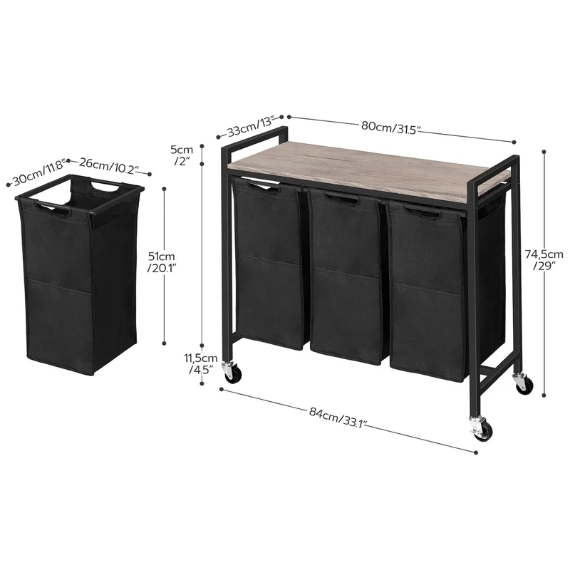 HOOBRO - Wäschesammler 3 Fächer, Wäschesortierer, 3x39.8L, Wäschekorb mit Ablage, Wäschewagen mit rollen, Wäschesack aus Oxford-Gewebe, Greige-Schwarz