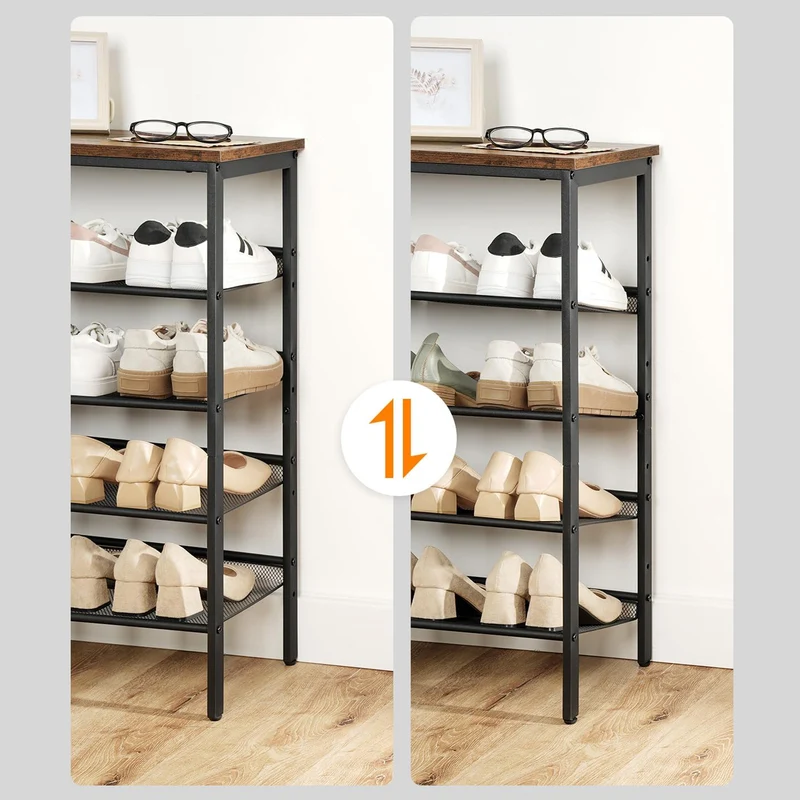 HOOBRO - Schuhregal, 5 Ebenen, Schuhschrank hoch, 4 verstellbares netzablage, für 16-20 Paar, schuhregal schmal, 75x30x88,8 cm, Metall, Braun-schwarz