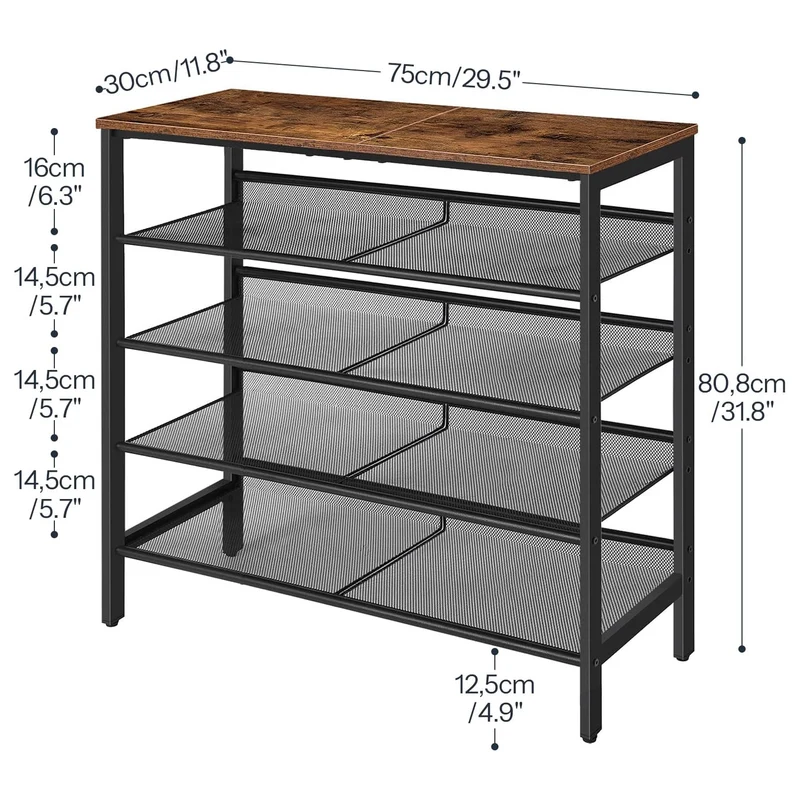 HOOBRO - Schuhregal, 5 Ebenen, Schuhschrank hoch, 4 verstellbares netzablage, für 16-20 Paar, schuhregal schmal, 75x30x88,8 cm, Metall, Braun-schwarz