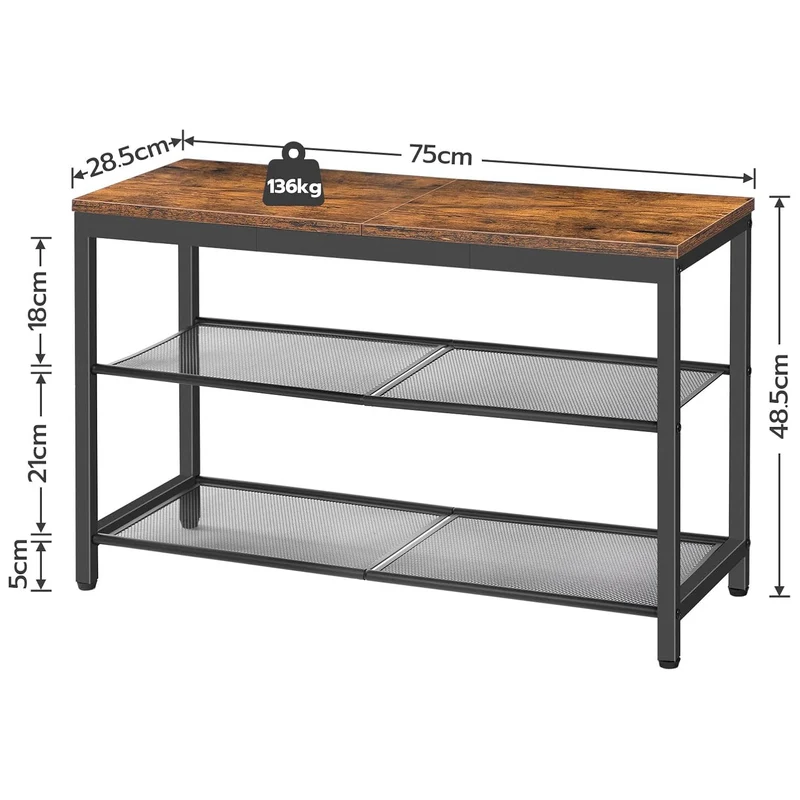 HOOBRO – Schuhbank mit 2 Netzablagen, 75 × 28,5 × 48,5 cm, bis 136 kg, Braun/Schwarz