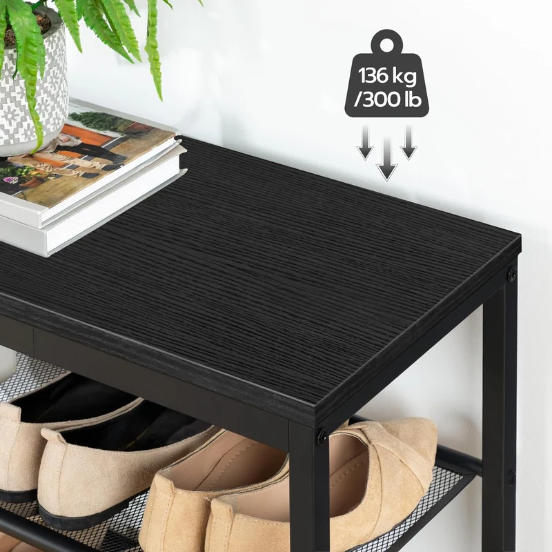 HOOBRO – Schuhbank mit 2 Netzablagen, 75 × 28,5 × 48,5 cm, bis 136 kg, Schwarz