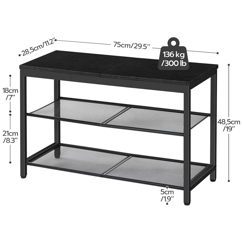 HOOBRO – Schuhbank mit 2 Netzablagen, 75 × 28,5 × 48,5 cm, bis 136 kg, Schwarz
