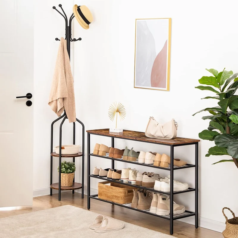 HOOBRO - Schuhregal, 4 Ebenen, Schuhregal metall, mit Tischplatte und 3 Netzablage, Schuhregal Schmal, 100 x 30 x 68 cm, Schuhablage, Braun-Schwarz