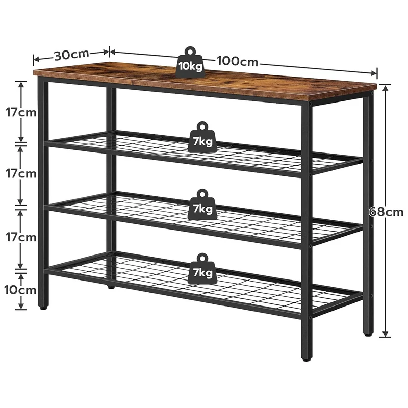 HOOBRO - Schuhregal, 4 Ebenen, Schuhregal metall, mit Tischplatte und 3 Netzablage, Schuhregal Schmal, 100 x 30 x 68 cm, Schuhablage, Braun-Schwarz