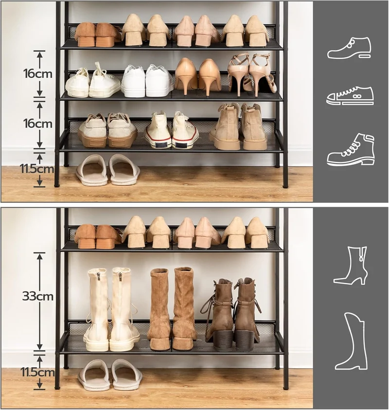 HOOBRO - Schuhregal, 8 Ebenen, Schuhschrank, 7 verstellbares netzablage, für 24-32 Paar, Schuhregal Schmal Hoch, 75x30x137 cm, Metall, Braun-schwarz