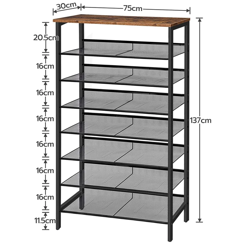 HOOBRO - Schuhregal, 8 Ebenen, Schuhschrank, 7 verstellbares netzablage, für 24-32 Paar, Schuhregal Schmal Hoch, 75x30x137 cm, Metall, Braun-schwarz