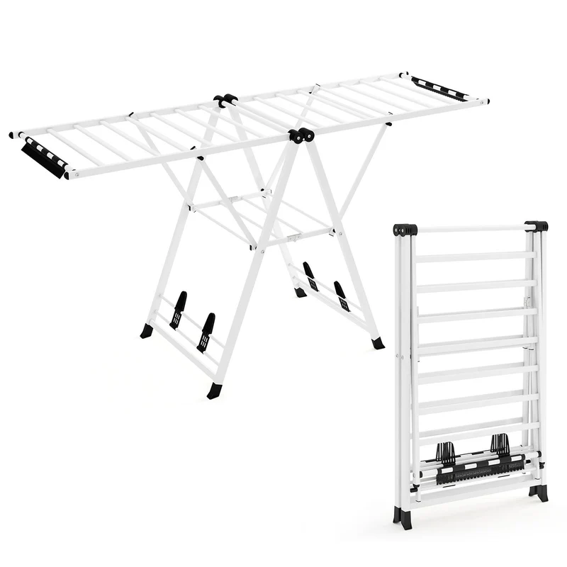 Costway - Wäscheständer Platzsparend, Wäscheständer Klappbar, Höhenverstellbare Flügeln, Sockenklammern & Schuhablage, Lange 184cm, Weiß