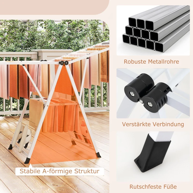 Costway - Wäscheständer Platzsparend, Wäscheständer Klappbar, Höhenverstellbare Flügeln, Sockenklammern & Schuhablage, Lange 184cm, Weiß