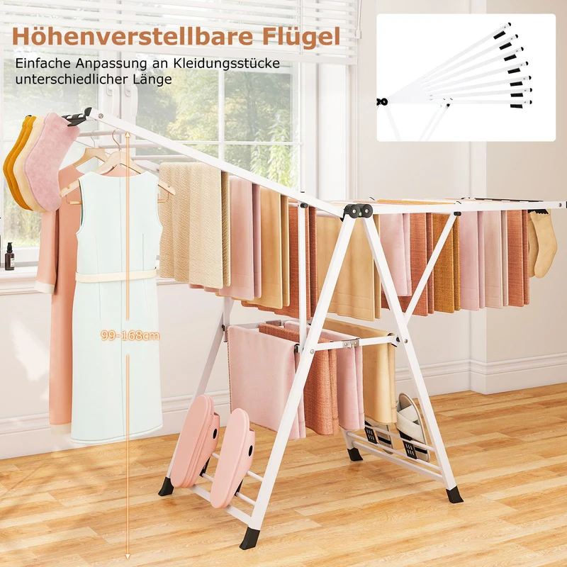 Costway - Wäscheständer Platzsparend, Wäscheständer Klappbar, Höhenverstellbare Flügeln, Sockenklammern & Schuhablage, Lange 184cm, Weiß