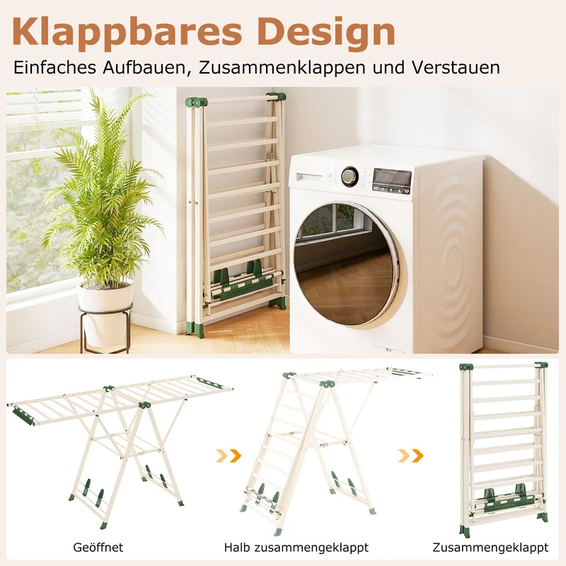 Costway - Wäscheständer Platzsparend, Wäscheständer Klappbar, Höhenverstellbare Flügeln, Wäscheständer Groß, Länge 184cm, Beige