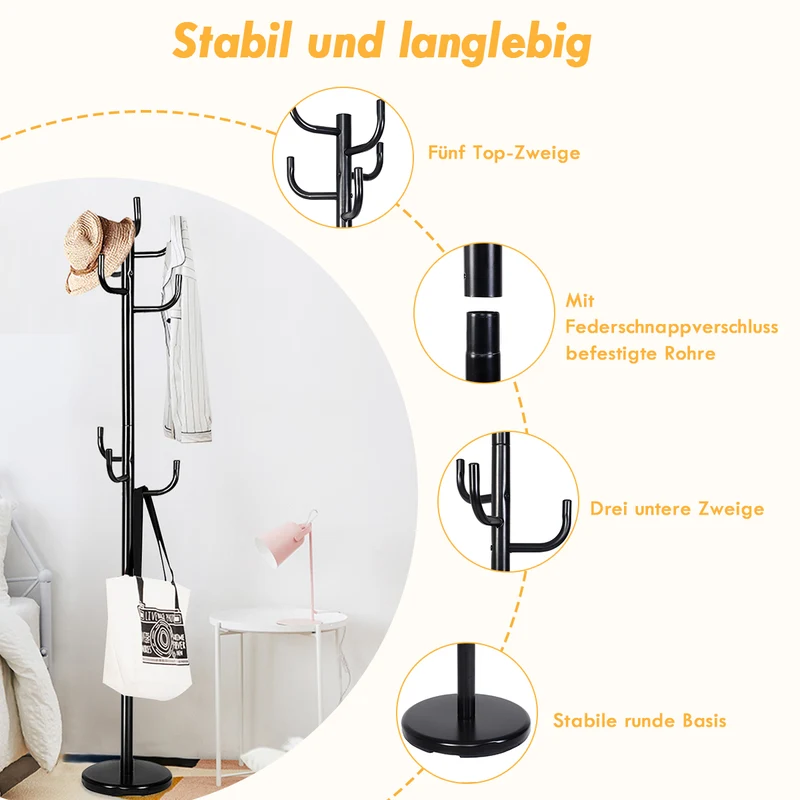 Costway - Garderobenständer, Jackenständer, Garderobenständer mit 8 Haken, Jackenständer aus Metall, 38 x 175 cm, Schwarz