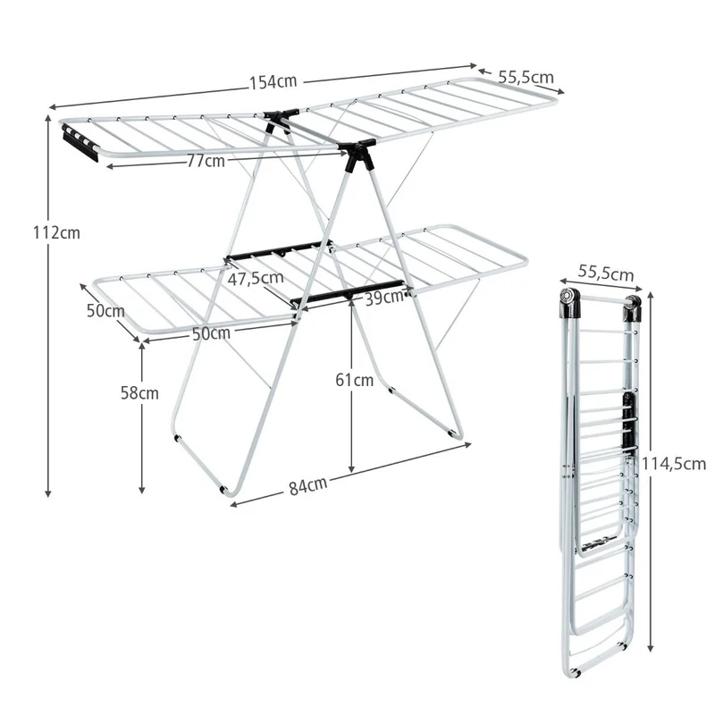 Costway - Wäscheständer Klappbar, 2-Stufiger, Wäscheständer Platzsparend, mit Höhenverstellbaren Flügeln, 154x55,5x112 cm, Wäscheständer Balkon, Weiß