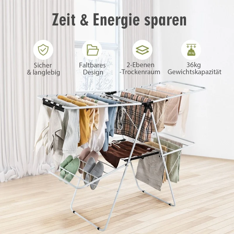 Costway - Wäscheständer Klappbar, 2-Stufiger, Wäscheständer Platzsparend, mit Höhenverstellbaren Flügeln, 154x55,5x112 cm, Wäscheständer Balkon, Weiß