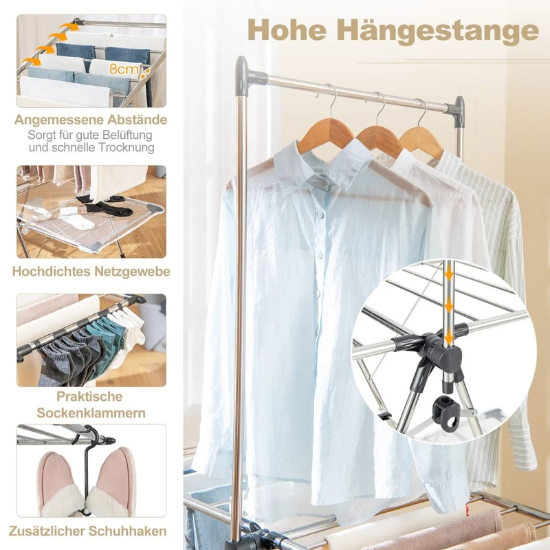 Costway - Wäscheständer, mit Kleiderstange, 2-stufiger, Höhenverstellbare Flügel, Wäscheständer Balkon, Edelstahl, Wäscheständer Stabil, Silber