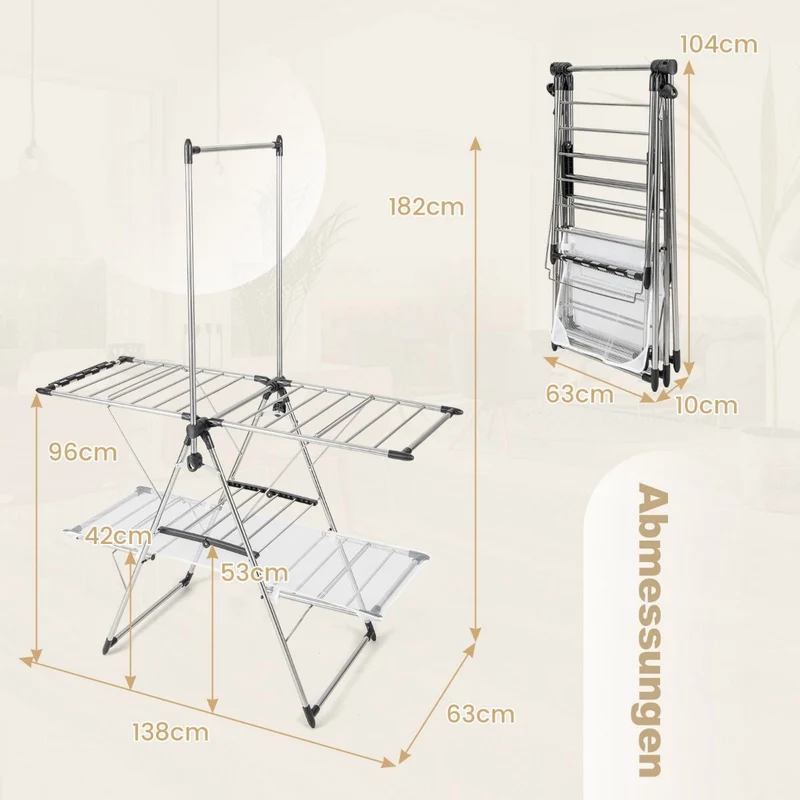 Costway - Wäscheständer, mit Kleiderstange, 2-stufiger, Höhenverstellbare Flügel, Wäscheständer Balkon, Edelstahl, Wäscheständer Stabil, Silber