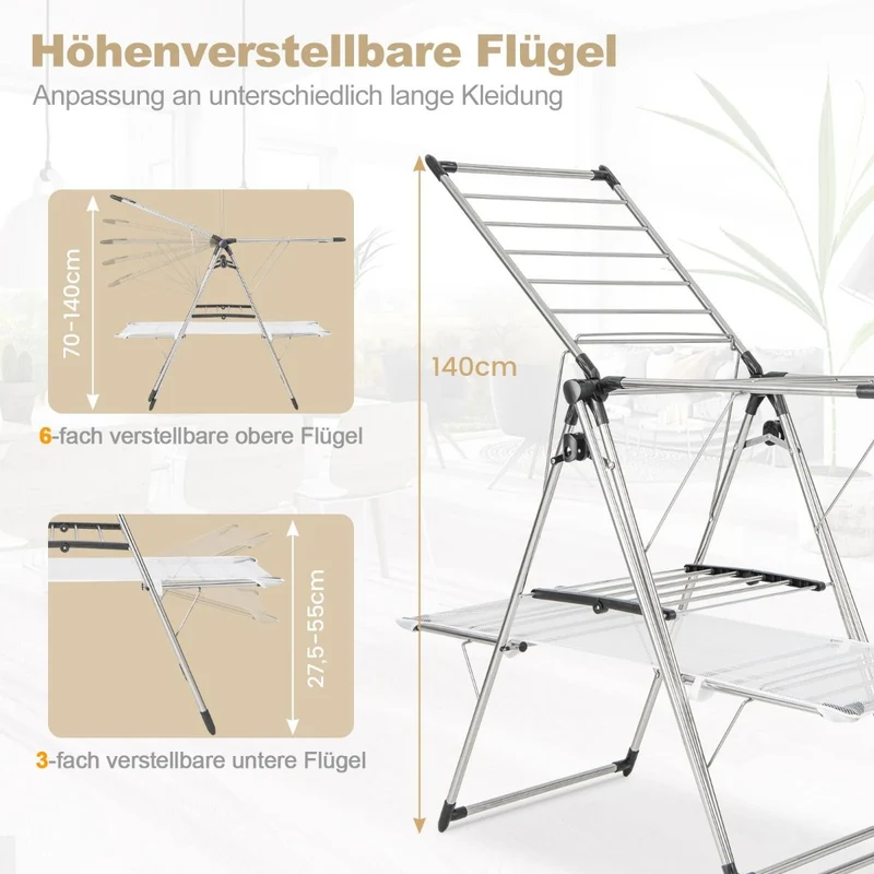Costway - Wäscheständer, mit Kleiderstange, 2-stufiger, Höhenverstellbare Flügel, Wäscheständer Balkon, Edelstahl, Wäscheständer Stabil, Silber
