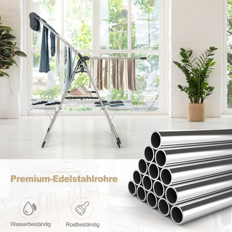 Costway - Wäscheständer, mit Kleiderstange, 2-stufiger, Höhenverstellbare Flügel, Wäscheständer Balkon, Edelstahl, Wäscheständer Stabil, Silber