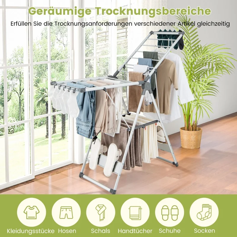Costway - Wäscheständer Klappbar, mit 5-stufiger Höhenverstellung, Wäscheständer Platzsparend, 21 Wäschestangen, 10 Seitenklammern, Silber