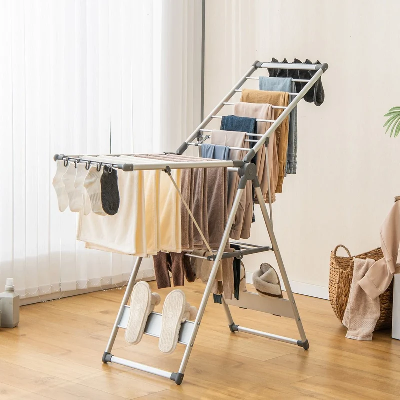 Costway - Wäscheständer Klappbar, mit 5-stufiger Höhenverstellung, Wäscheständer Platzsparend, 21 Wäschestangen, 10 Seitenklammern, Silber