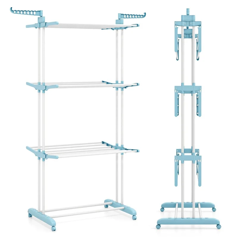 Costway – Klappbarer Turmwäscheständer mit 4 Ebenen, drehbaren Seitenflügeln und Rollen, 127 × 63 × 171 cm, Blau.
