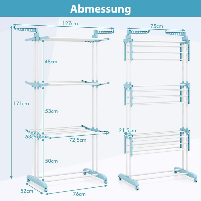Costway – Klappbarer Turmwäscheständer mit 4 Ebenen, drehbaren Seitenflügeln und Rollen, 127 × 63 × 171 cm, Blau.