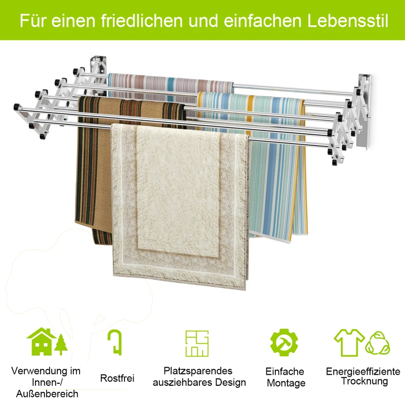 Costway – Ausziehbarer Wandwäscheständer mit 8 Stangen, bis 25 kg, Edelstahl, 86 × 64 × 22 cm