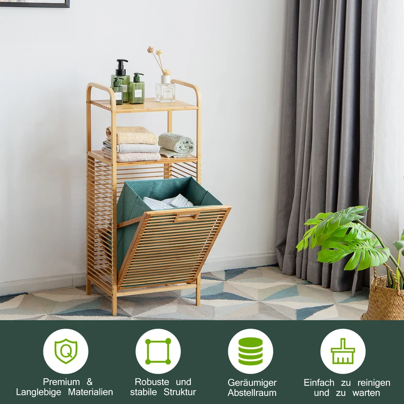 Costway – Badschrank aus Bambus mit ausklappbarem Wäschekorb und Ablage, 40,5 × 33 × 95,5 cm, Natur