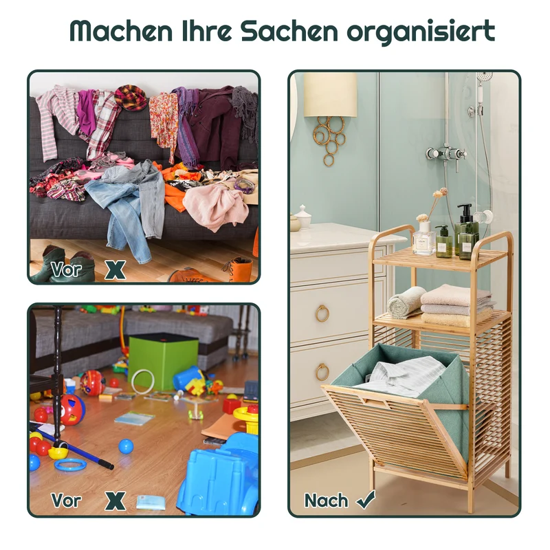 Costway – Badschrank aus Bambus mit ausklappbarem Wäschekorb und Ablage, 40,5 × 33 × 95,5 cm, Natur