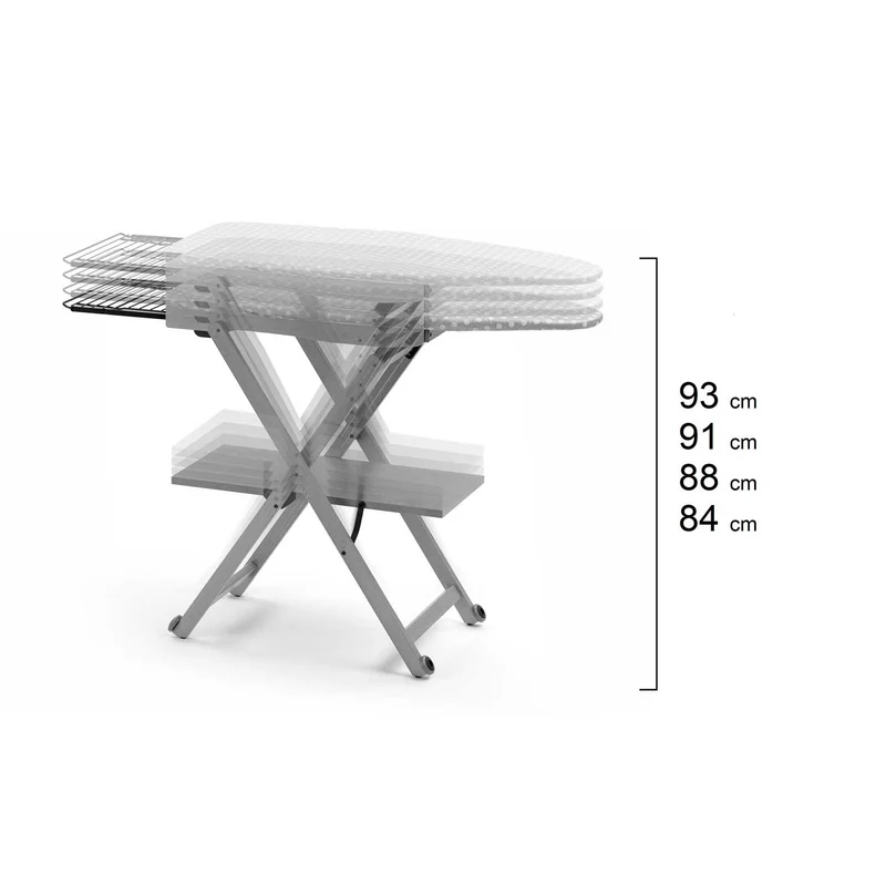 STIROCOMODO - Bügelbrett, Bügeltisch, Holz, Klappbar, Höhenverstellbar: 84-88-91-93 cm, auf Rädern, verschiebbarer Bügeleisenhalter, Buche, Weiß