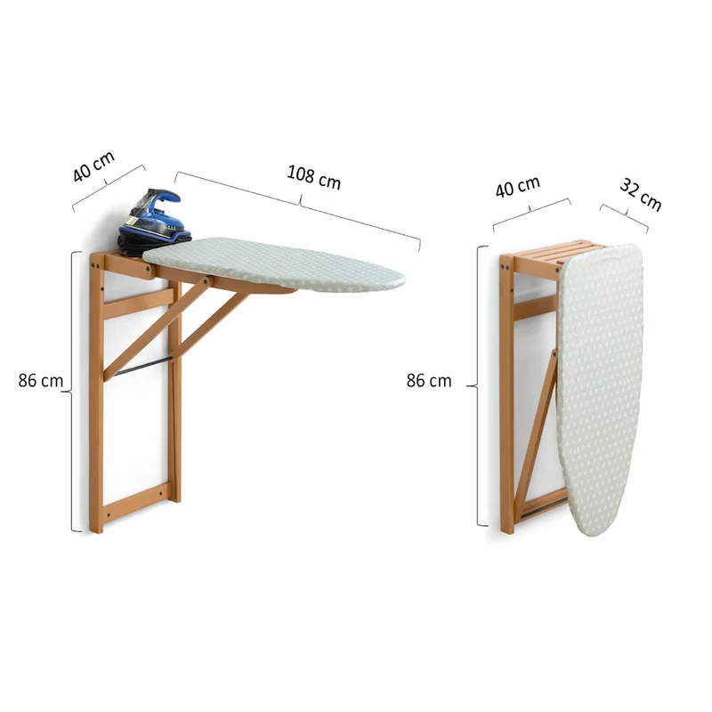 ARIT Stirojolly – Klappbares Wandbügelbrett aus Buchenholz, Bügelfläche 86 × 38 cm, Dübel inklusive