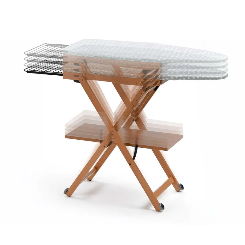 STIROCOMODO - Bügeltisch, Bügelbrett, Holz, Klappbar, Höhenverstellbar: 84-88-91-93 cm, auf Rädern, verschiebbarer Bügeleisenhalter, Buche, Kirschbaum