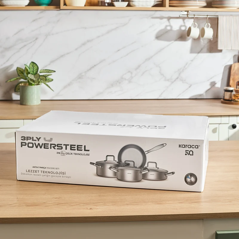 Karaca Power Steel 316+ 3-Ply Akita Edelstahl-Kochgeschirr- und Pfannenset mit Induktionsboden, 7-teilig