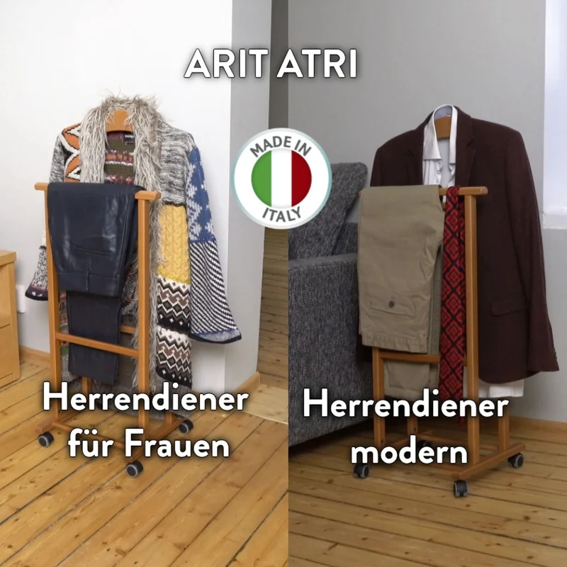 ARIT ATRI – Herrendiener auf Rollen aus Buchenholz, mit Kleiderbügel und Hosenhalter, 105 × 46 × 37 cm, Kirschbaum, Made in Italy