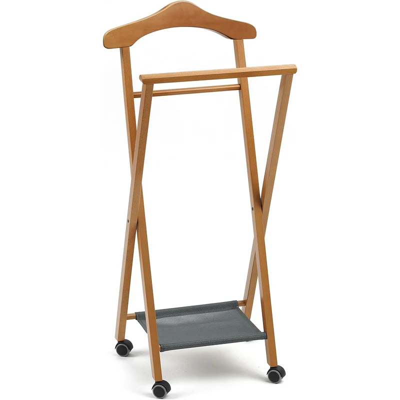 ARIT NELSON - Garderobenständer, Herrendiener, Stummer Diener Holz, klappbar, Kleiderbügel, Hosenablage und Schuhablage aus Textilene, Farbe Kirsche