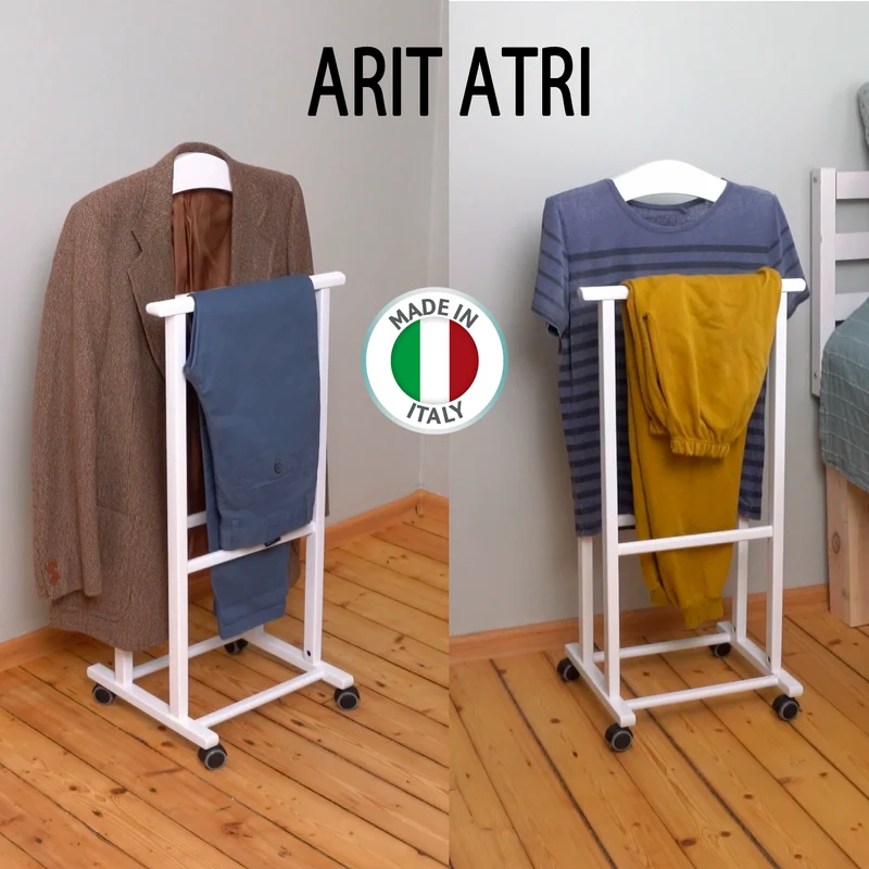 ARIT Atri – Herrendiener aus massiver Buche auf Rollen, mit Kleiderbügel und Hosenhalter, Weiß, Made in Italy