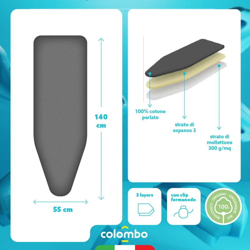 Colombo Perlate XL – Bügelbrettbezug aus 100 % Baumwolle, 140 × 55 cm, Made in Italy