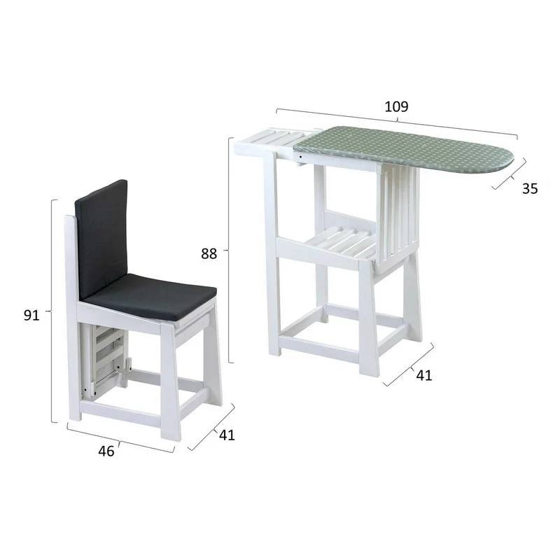 ARIT SINFONIA - Bügelbrett, Stuhl, 2-in-1, Bügeltisch, mit Arbeitsplatte 81 x 35 cm und Bügeleisenhalter, Kissen mit Rückenlehne, Holz, Weiß
