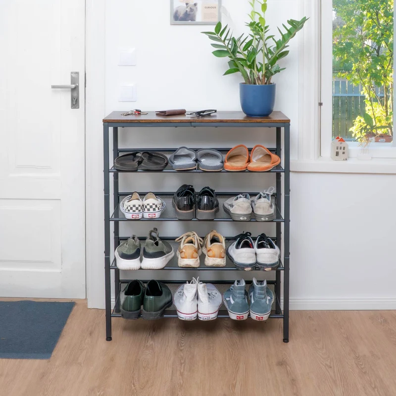 Tatkraft Otto - Schuhregal Metall, Schuhregal mit 5 Ablagen, verstellbar, Schuhregal Schmal, 75x28x93 cm, Vintagebraun Schwarz