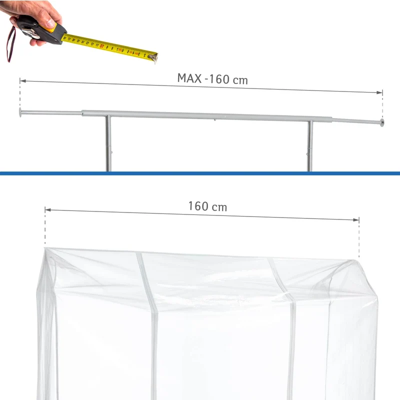 Tatkraft Defender – Transparente Schutzhülle für Kleiderständer, 160 × 60 × 145 cm, 2 Reißverschlüsse, Staub-, Feuchtigkeits- und UV-Schutz.