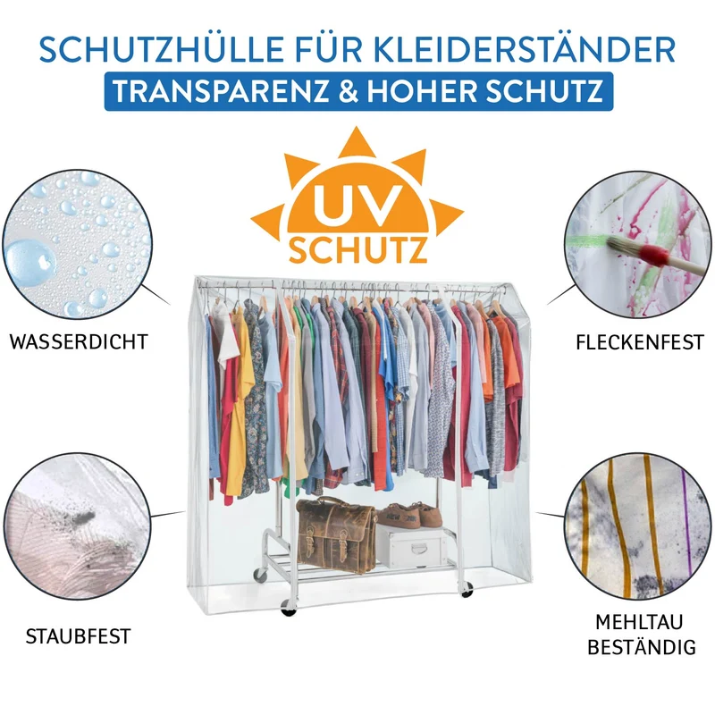 Tatkraft Defender – Transparente Schutzhülle für Kleiderständer, 160 × 60 × 145 cm, 2 Reißverschlüsse, Staub-, Feuchtigkeits- und UV-Schutz.