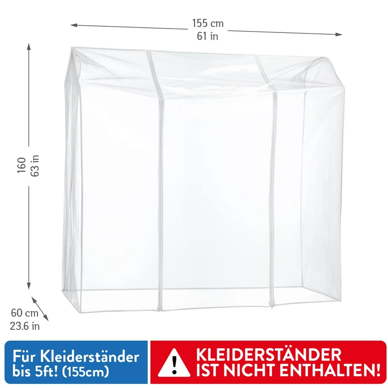 Tatkraft Schild – Wasserdichte Schutzhülle für Kleiderständer, UV-Schutz, 155 × 60 × 160 cm, transparent, 2 Reißverschlüsse