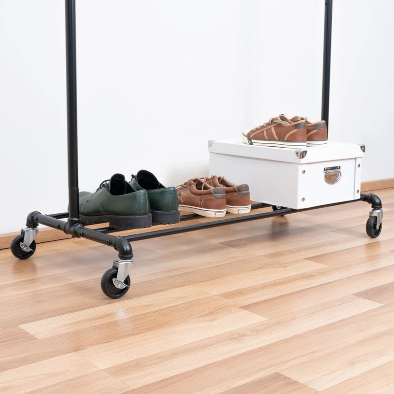 Tatkraft Drago – Stabiler Schwerlast-Kleiderständer auf Rollen, 2 Kleiderstangen, Ablage, bis 110 kg, 130 × 49 × 198 cm, pulverbeschichteter Stahl, Schwarz